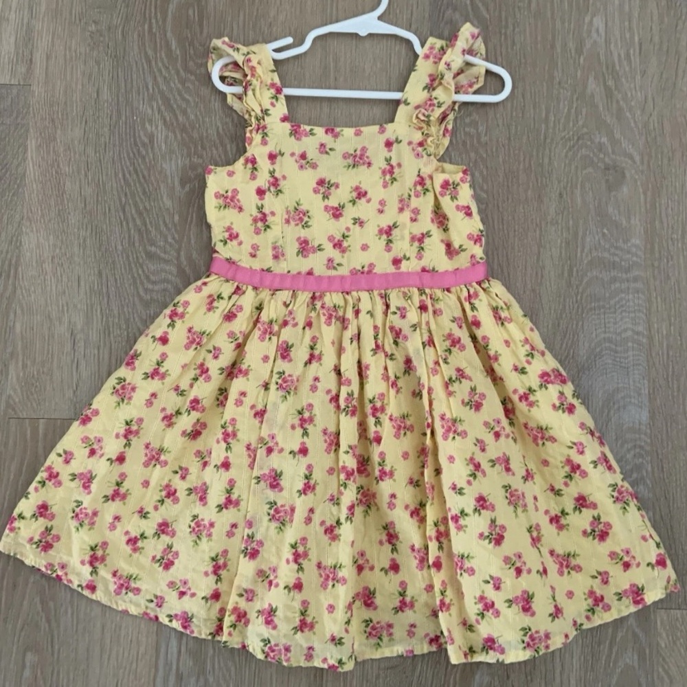 Zuni Girl’s Size 4/5 Pretty Yellow & Pink Floral Sundress with Flutter Sleeves